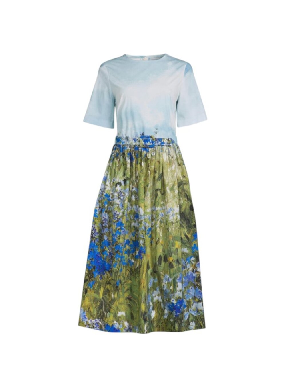 NEW Oscar de la Renta Field Poplin Dress Womens 4 Blue Green Belted Crew Neck